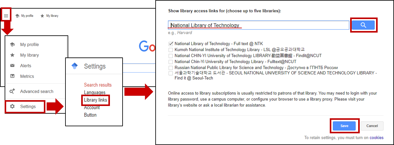 Google scholar - Setting Library Links